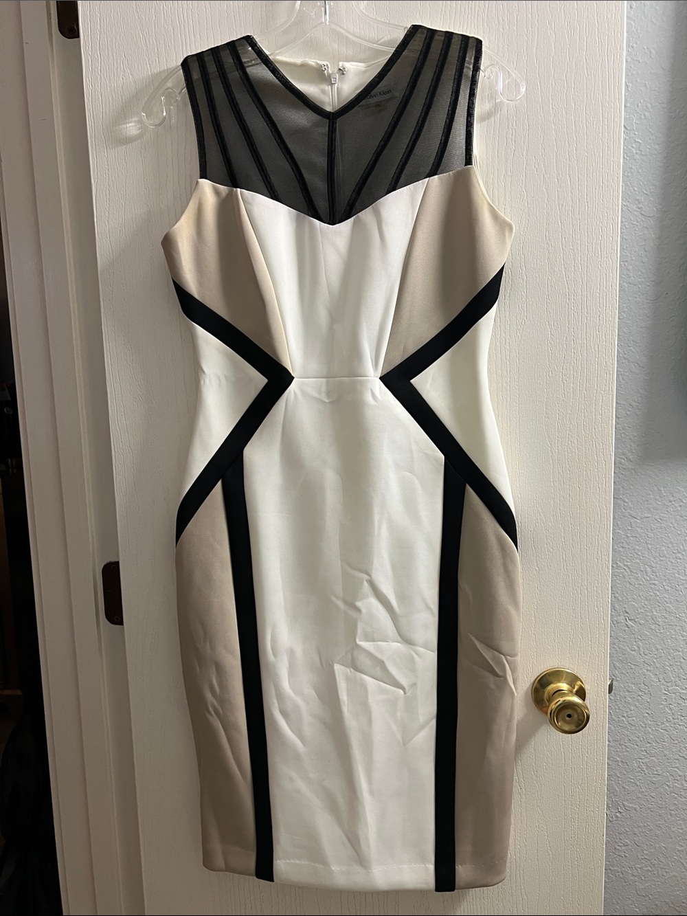 Calvin Klein White, Beige & Black Sleeveless Sheath Dress with Mesh Yoke